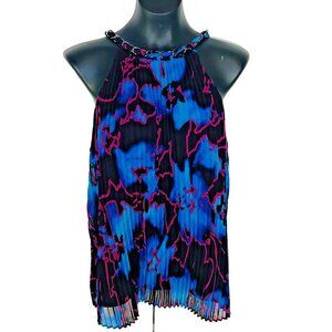 WHBM Womens Size 12 Tank Blouse Chain Accent Halter Abstract Lined Pleated